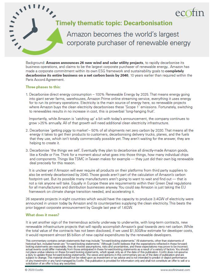 Timely thematic topic: Decarbonisation - Amazon becomes the world’s largest corporate purchaser of renewable energy